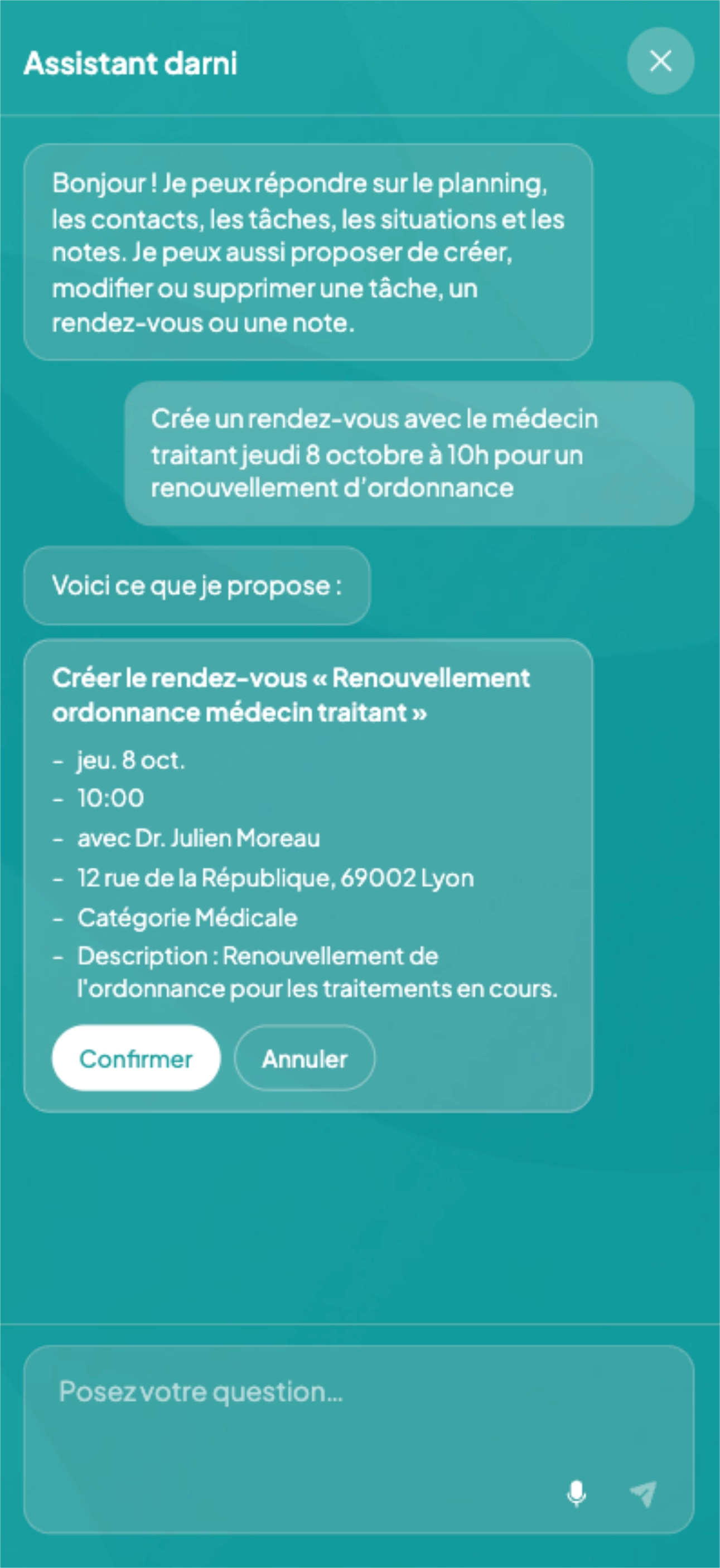 Capture d'écran de l'assistant IA dans l'application darni